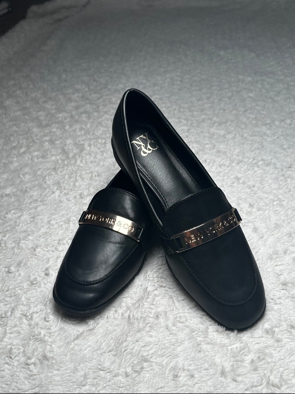 New York & Company Black Loafers with Gold Plate
